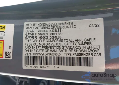 2022 Honda Accord Sport 2.0T z USA, uszkodzony, nr VIN 1HGCV2F34NA009055